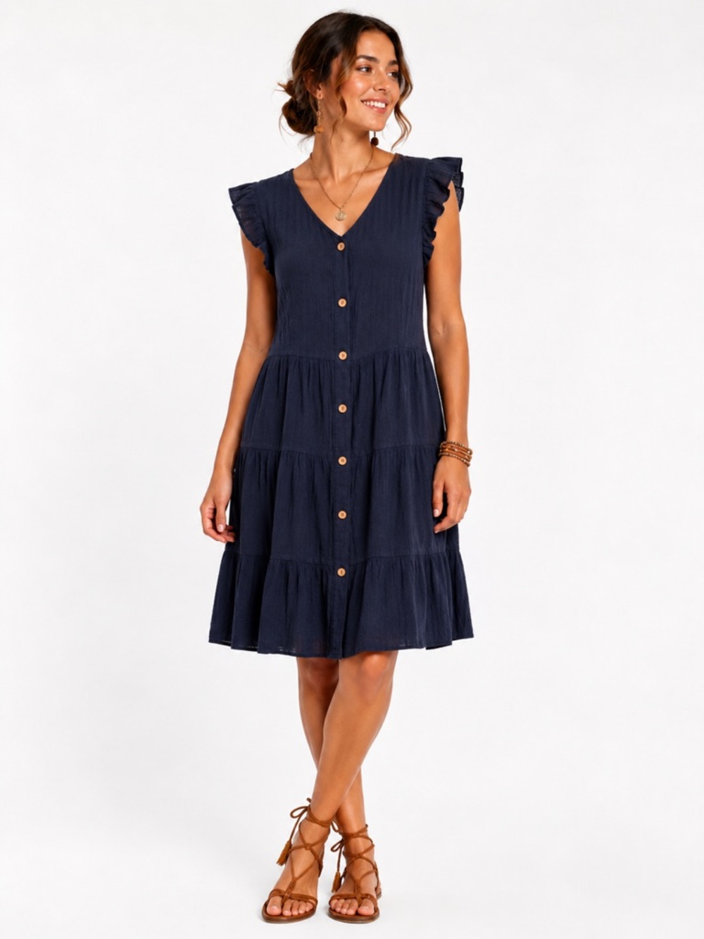 PatPat Tiered Midi Dress Navy XL Button Front Ruffle Sleeve Cottagecore Prairie